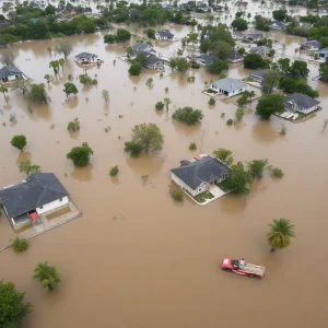 Aerial view of flooding in Central Texas with emergency rescue operations underway.