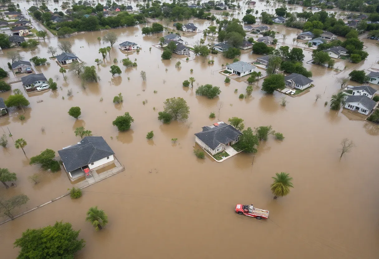 Aerial view of flooding in Central Texas with emergency rescue operations underway.