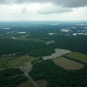 Aerial view of Central Texas affected by a rainstorm