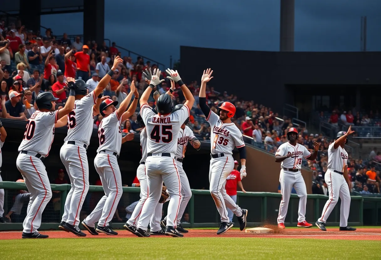 Cincinnati Reds players celebrating a ninth-inning rally during a game.