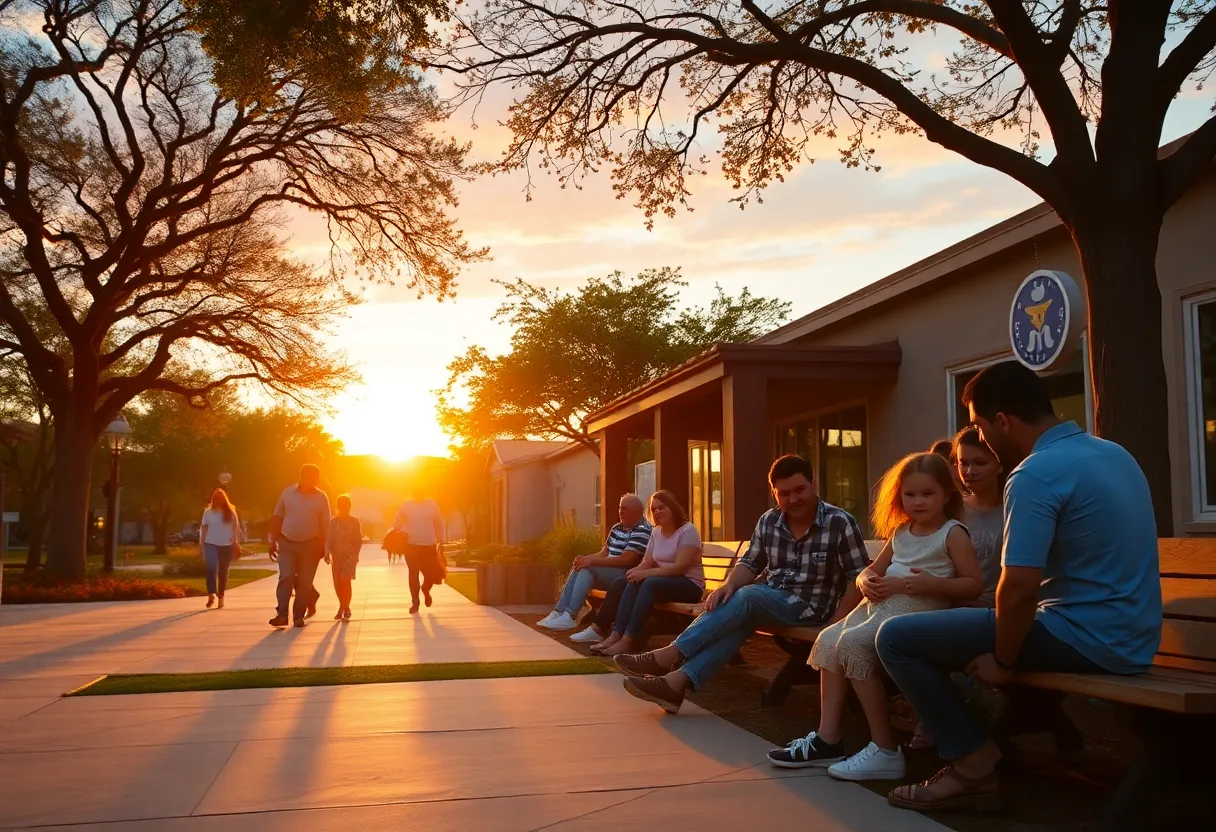 A warm community scene in Austin, Texas, symbolizing the life and service of a beloved nurse.
