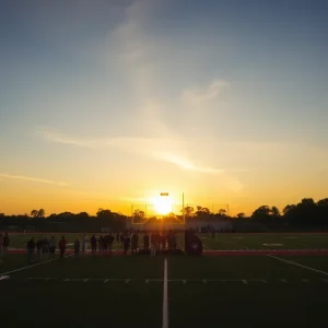 Community gathering on a football field in remembrance