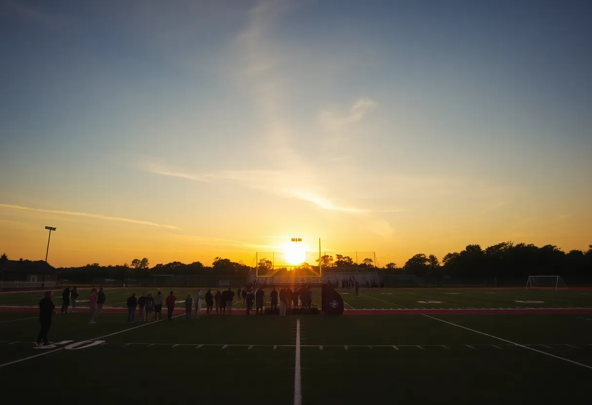 Community gathering on a football field in remembrance