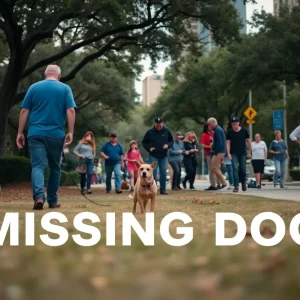 Volunteers searching for a missing dog in an urban neighborhood
