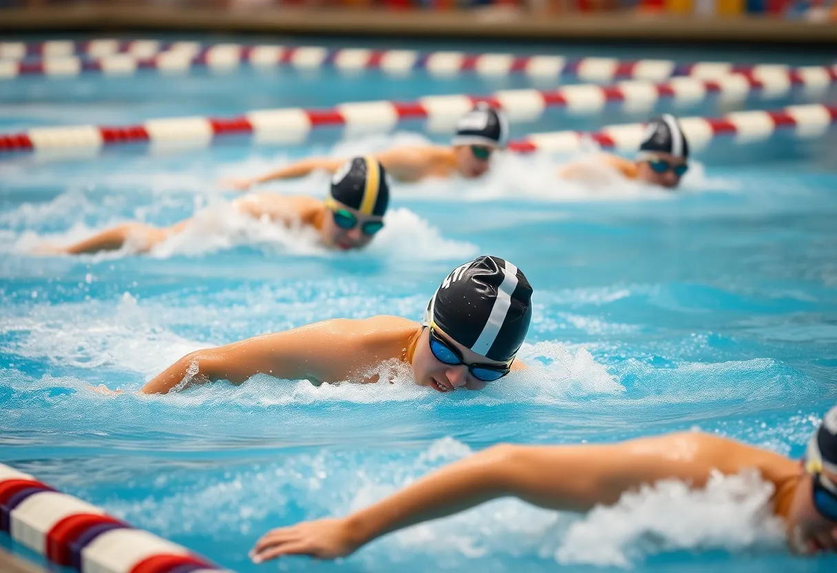 Swimmers competing in a 200 breaststroke race at a swim meet