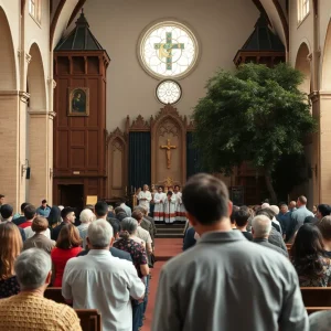 Diverse community gathering in an ecclesiastical setting in Austin, Texas