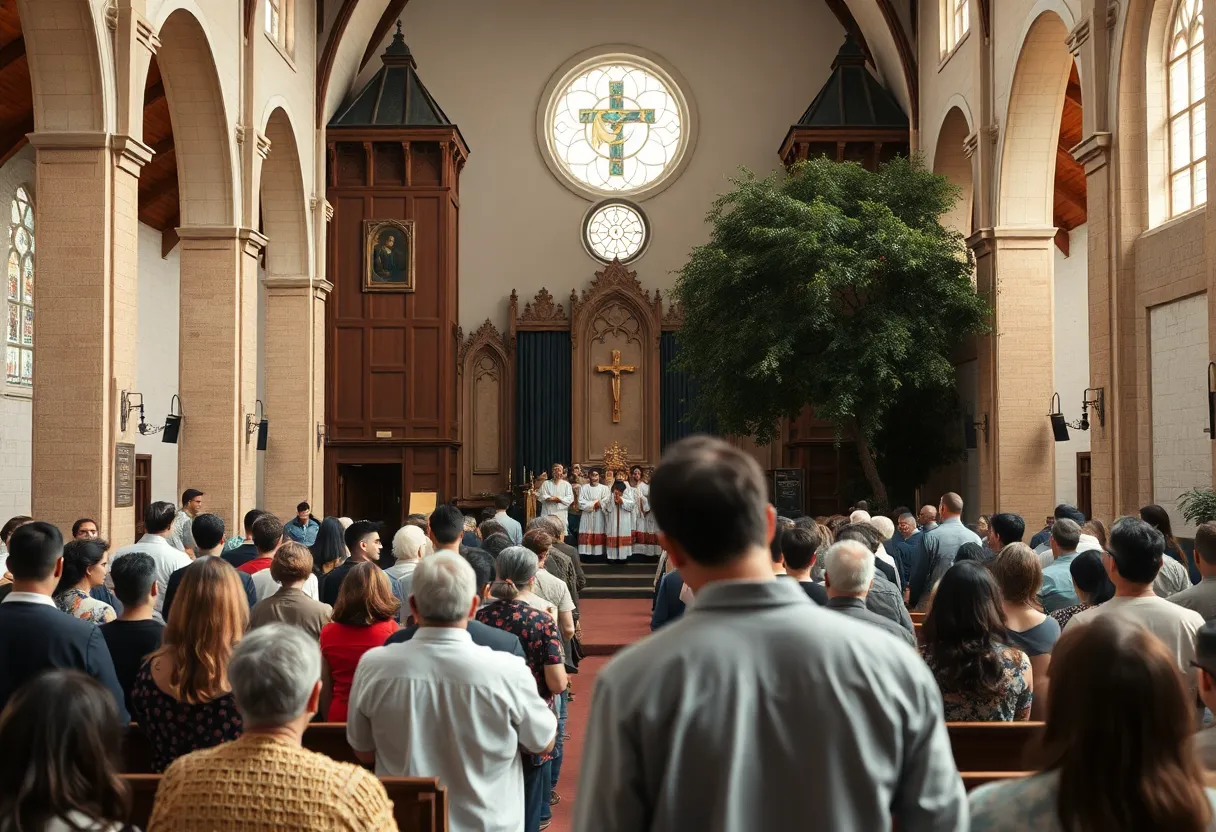Diverse community gathering in an ecclesiastical setting in Austin, Texas