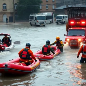 Emergency rescue teams in action during flood crisis