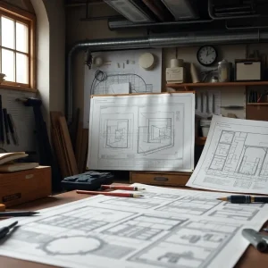 An engineering workspace with blueprints and tools