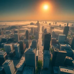 Aerial view of a city experiencing an extreme heatwave.