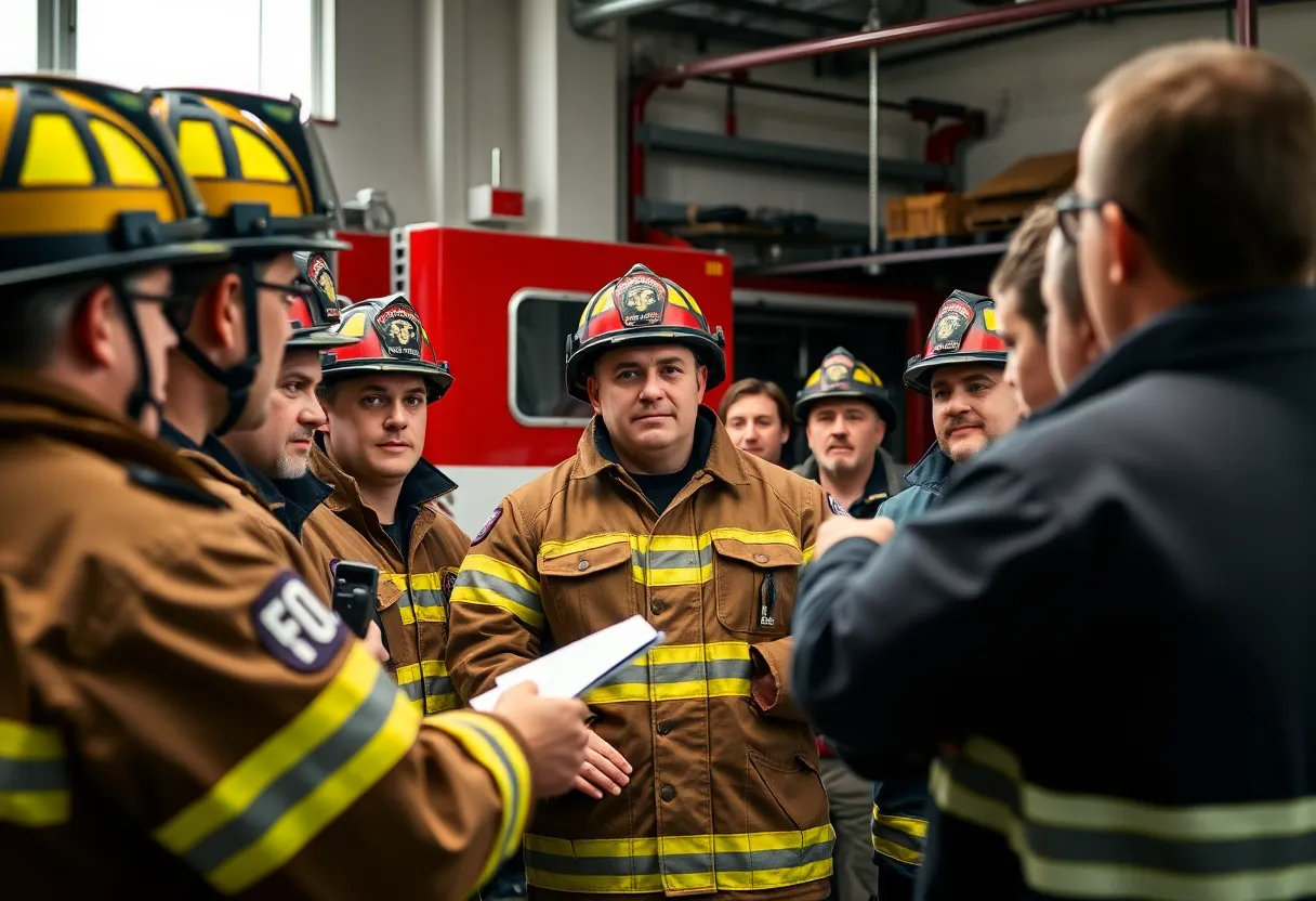Firefighters in a serious discussion during an assembly at the fire station.