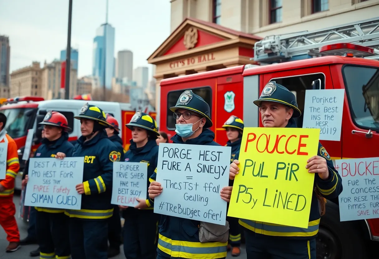 Firefighters holding signs in protest against staffing cuts