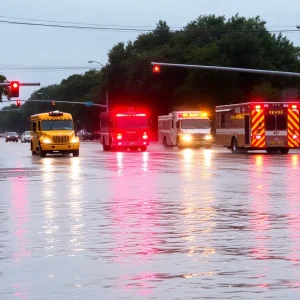 Emergency responders navigate a flooded street in Austin, Texas
