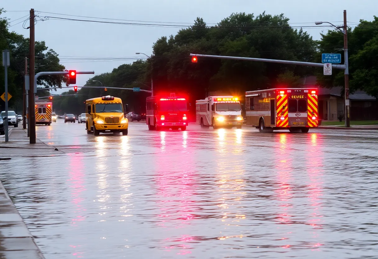 Emergency responders navigate a flooded street in Austin, Texas