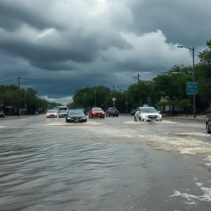 Flooded street in Austin, Texas after severe thunderstorms