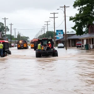 Severe flooding in Kerr County, Texas, with emergency responders at work.