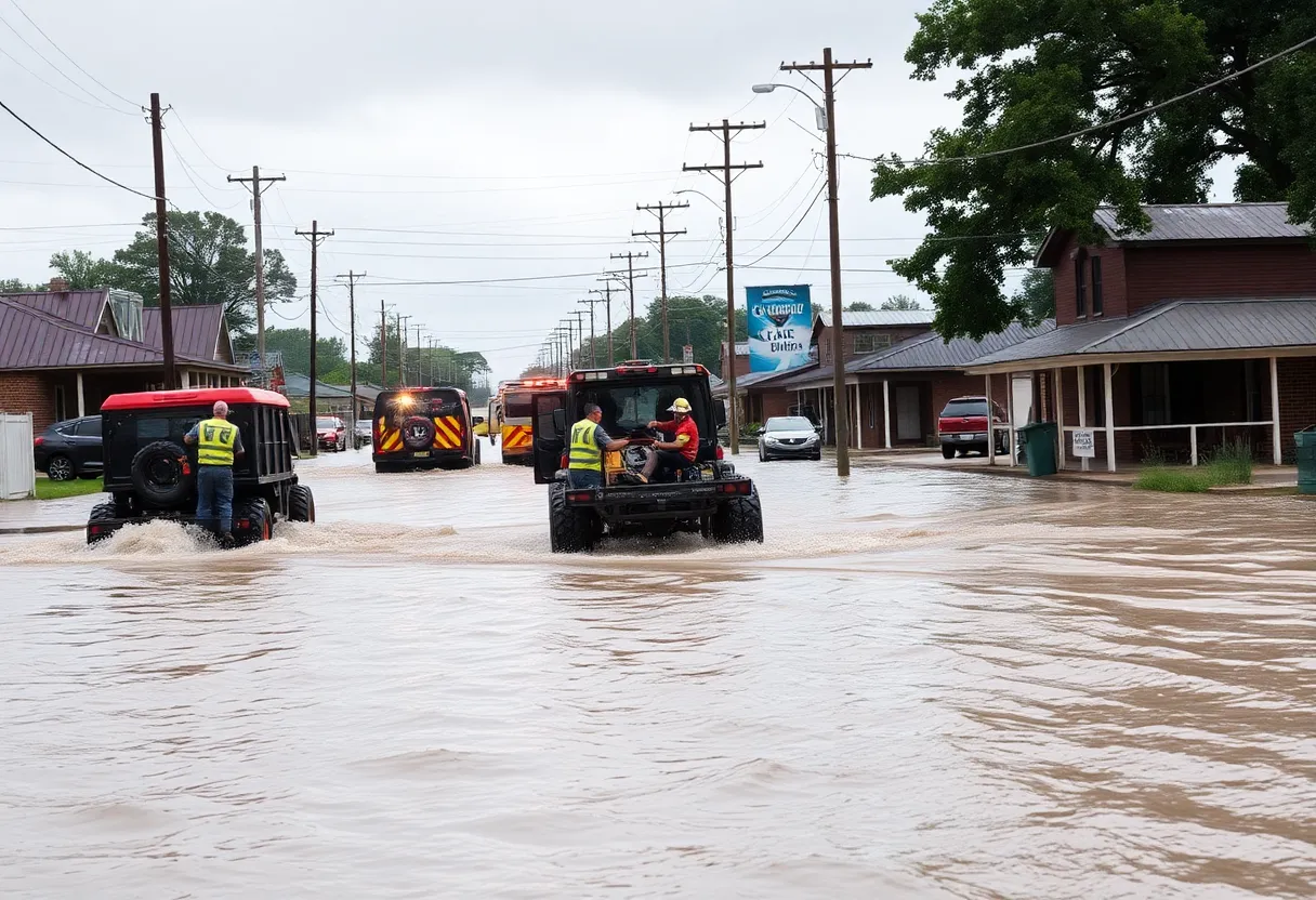 Severe flooding in Kerr County, Texas, with emergency responders at work.
