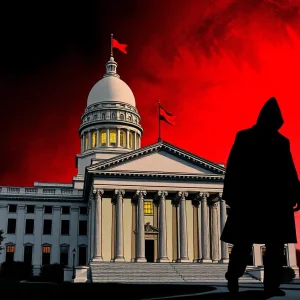 Illustration of a government building with imagery of political tension and investigation.