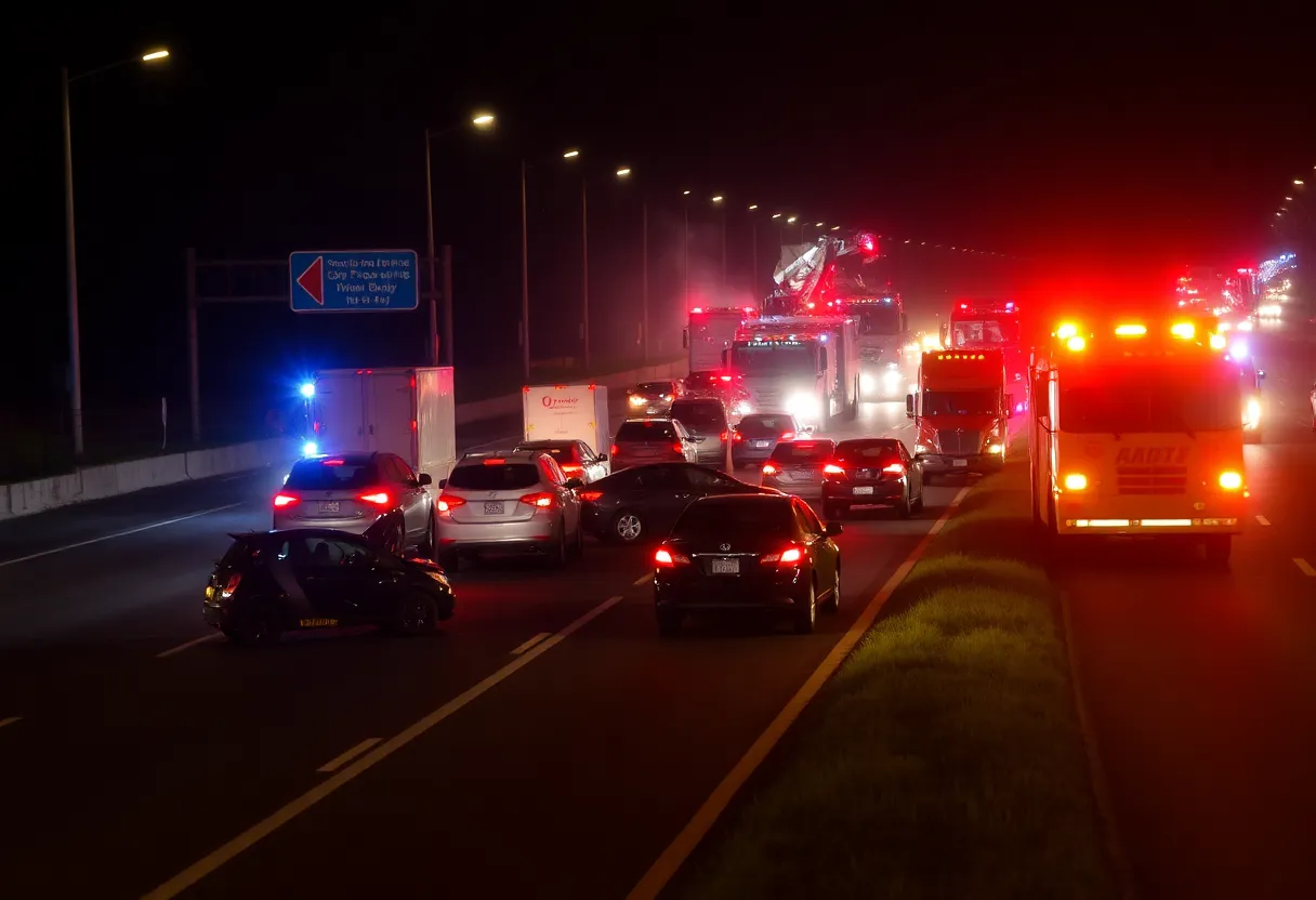 Scene of a multi-vehicle collision on I-35 with emergency vehicles present