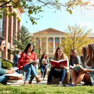 College students engaged in discussion on campus