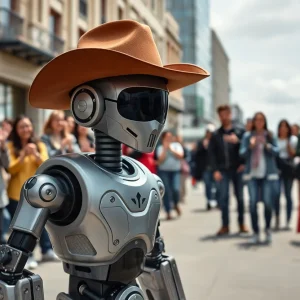 Humanoid robot Jake the Rizzbot interacting with people in Austin