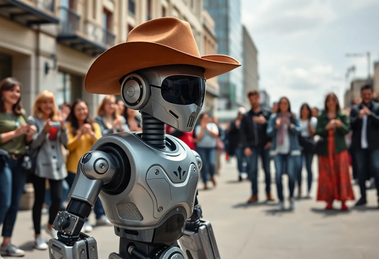 Humanoid robot Jake the Rizzbot interacting with people in Austin