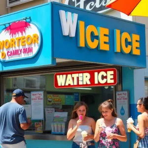 Family enjoying water ice outside Jim-Jim's Water-Ice shop