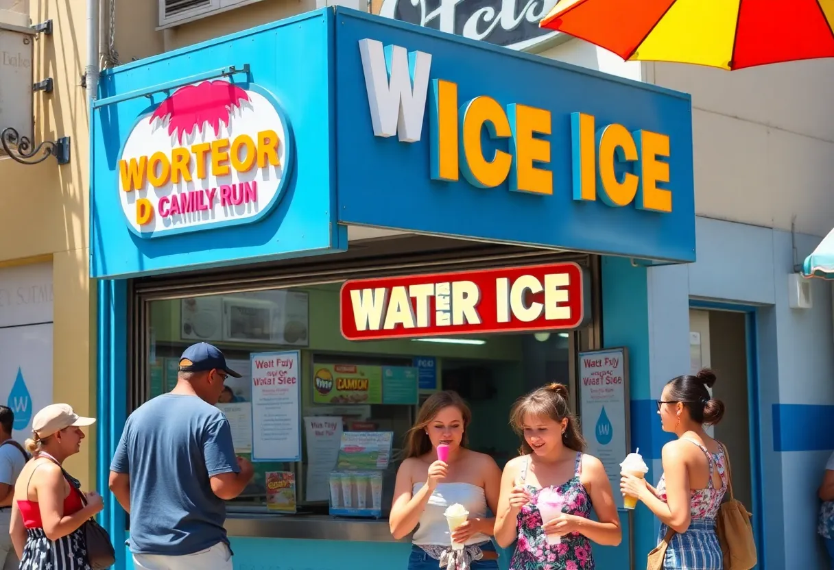 Family enjoying water ice outside Jim-Jim's Water-Ice shop