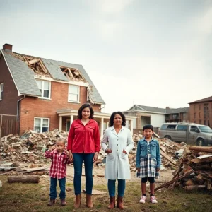 Family standing in front of a demolished home representing a property rights lawsuit.