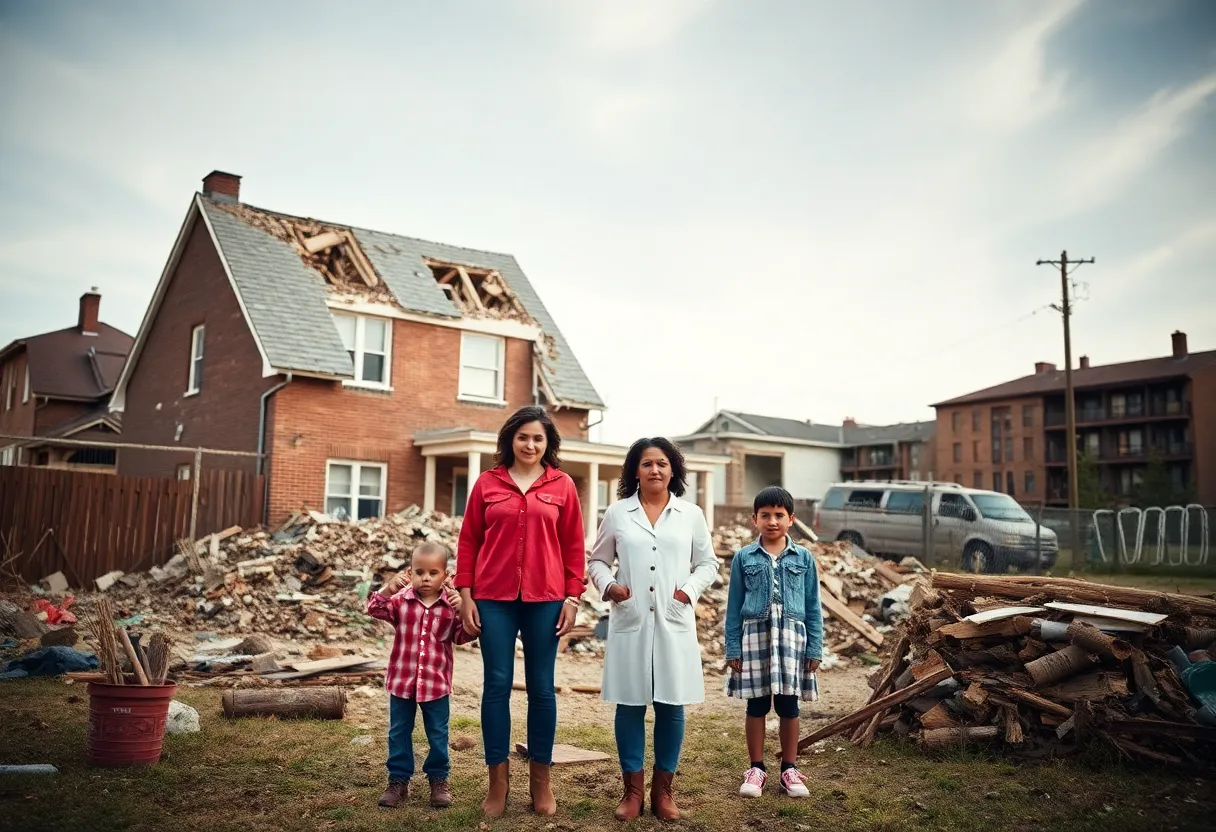 Family standing in front of a demolished home representing a property rights lawsuit.