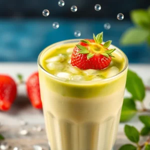 Iced matcha latte with strawberry representing Texas flood relief initiative