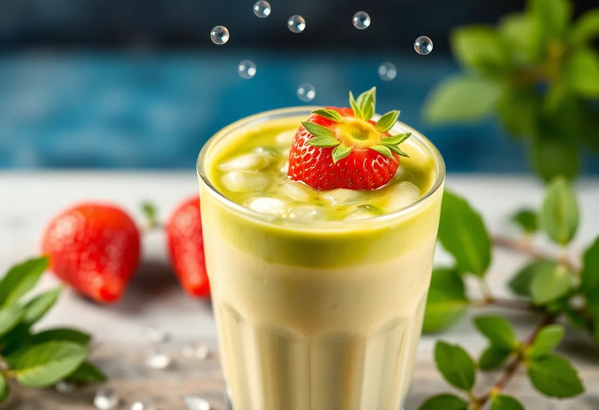 Iced matcha latte with strawberry representing Texas flood relief initiative