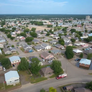 Aerial view showing the devastation caused by flooding in Kerr County, Texas.