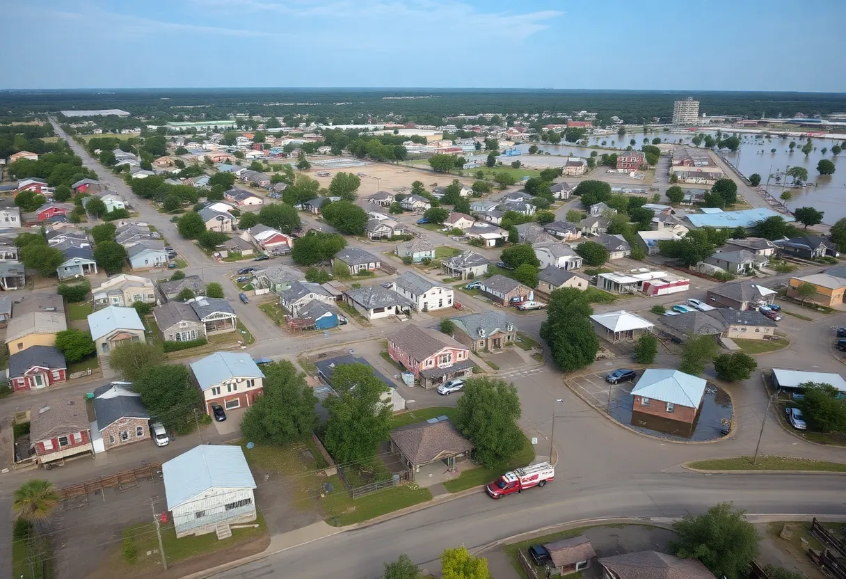 Aerial view showing the devastation caused by flooding in Kerr County, Texas.