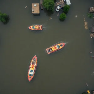 Rescue personnel in boats amidst a flooded area in Kerrville, Texas.