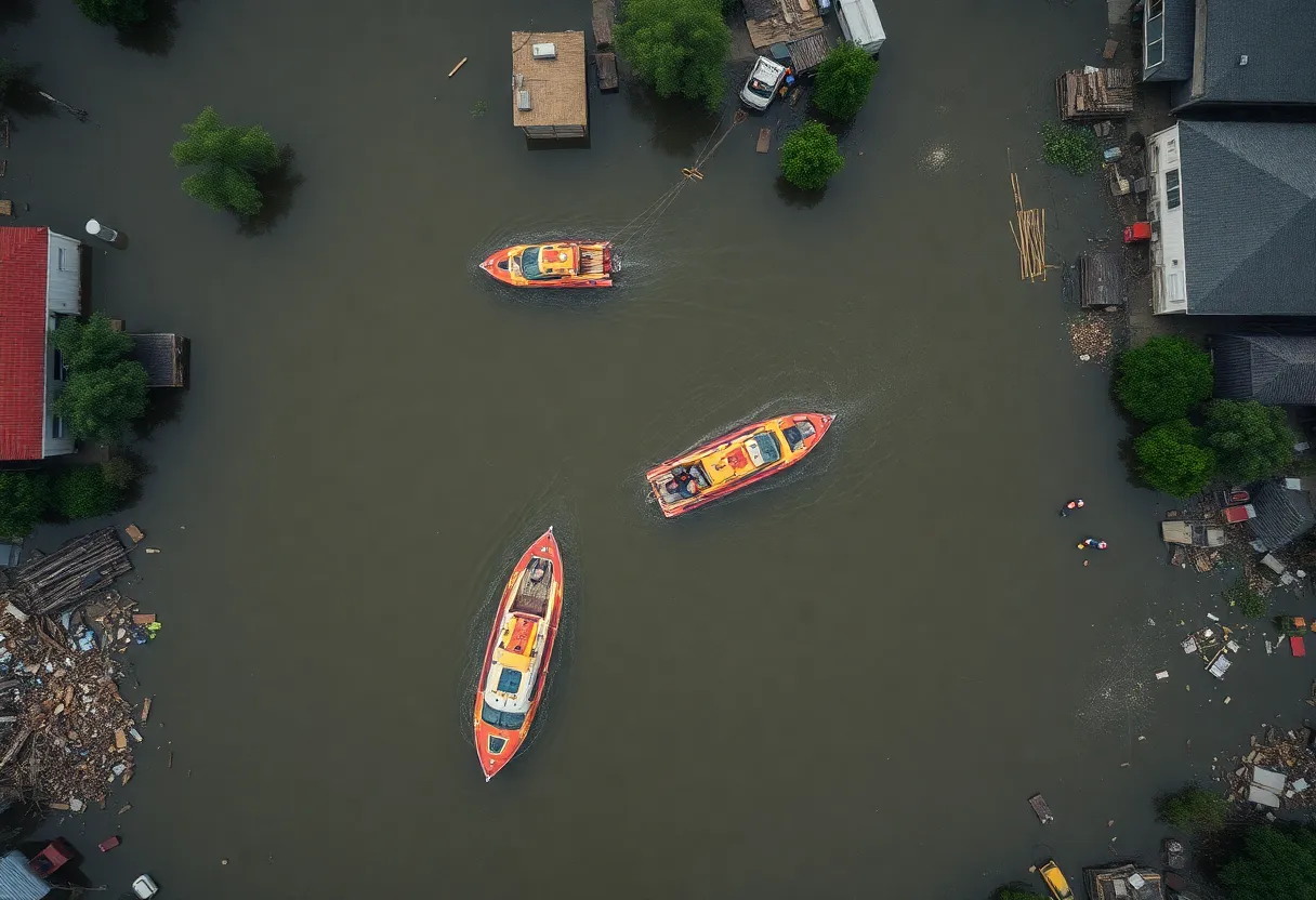 Rescue personnel in boats amidst a flooded area in Kerrville, Texas.