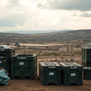 Military supplies crates in a war zone