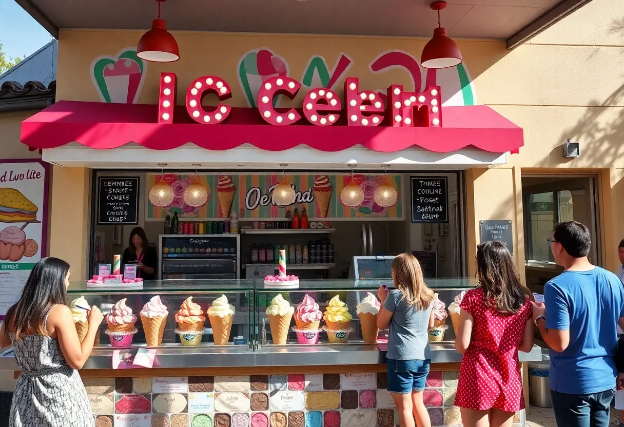 Customers enjoying various ice cream flavors at an Austin shop