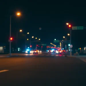 Night view of a city intersection in North Austin with police presence.