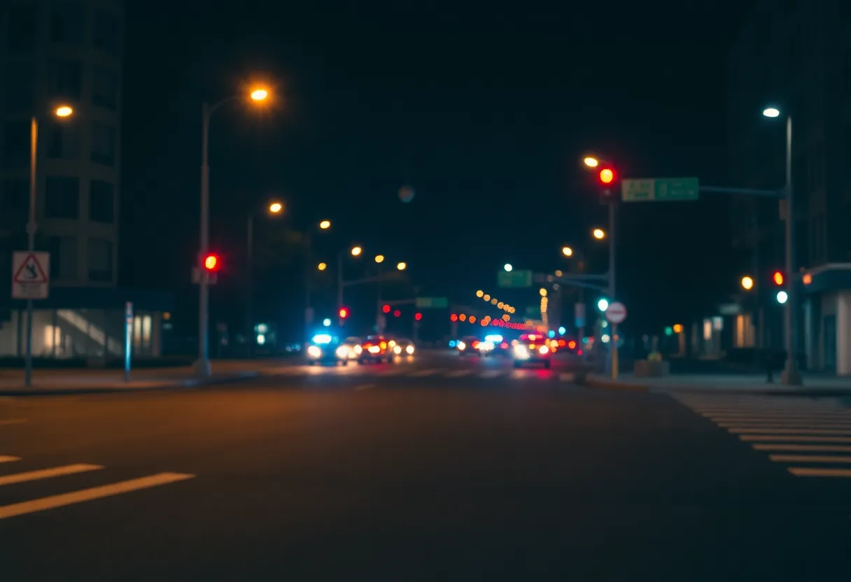 Night view of a city intersection in North Austin with police presence.