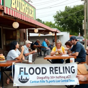 Community members gathered at P. Terry's Burger Stand for flood relief efforts