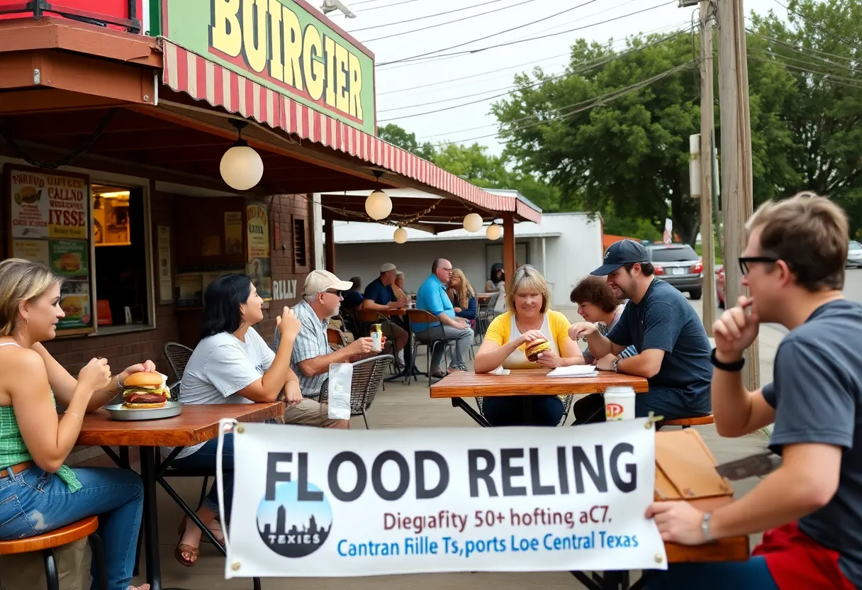 Community members gathered at P. Terry's Burger Stand for flood relief efforts