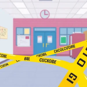 Caution sign in a school environment symbolizing safety concerns