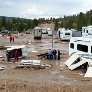 Severe flood damage in Ruidoso, New Mexico with scattered debris and emergency responders.