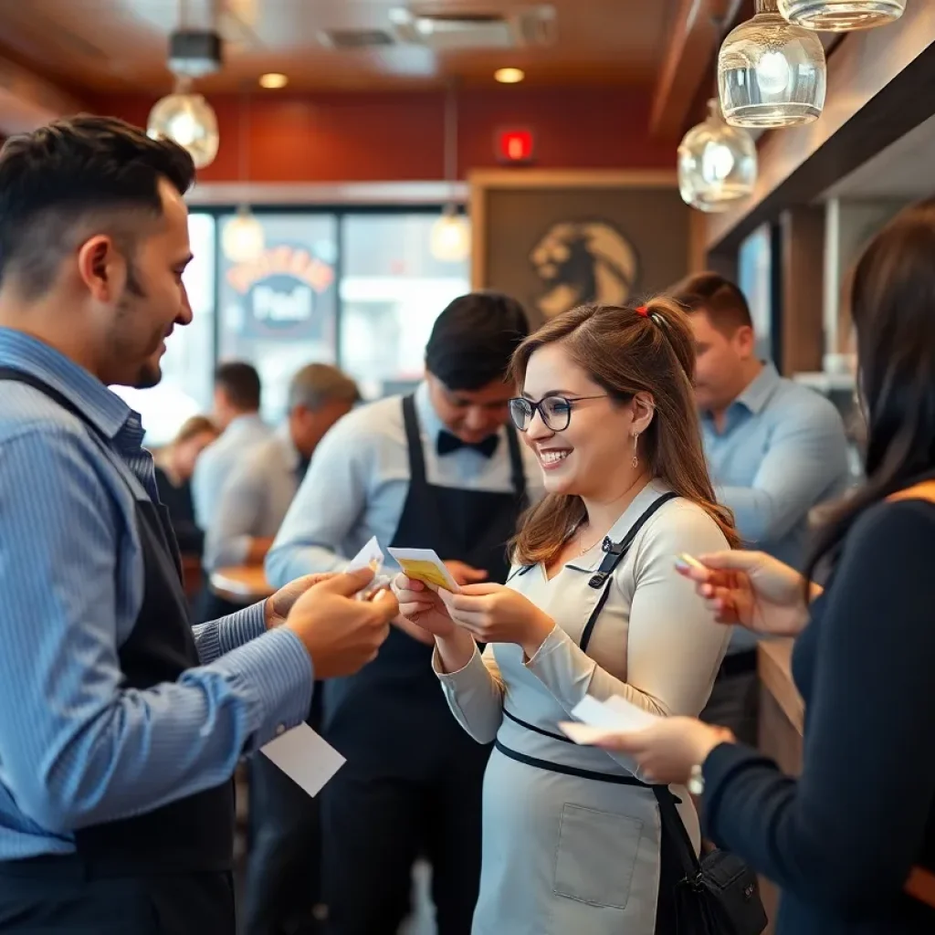 Service workers interacting with customers in a restaurant