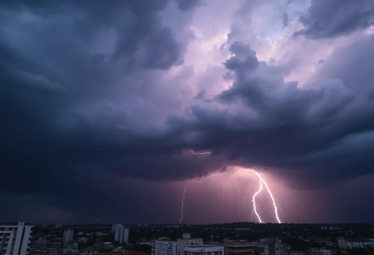 Dark storm clouds and lightning over Austin, Texas
