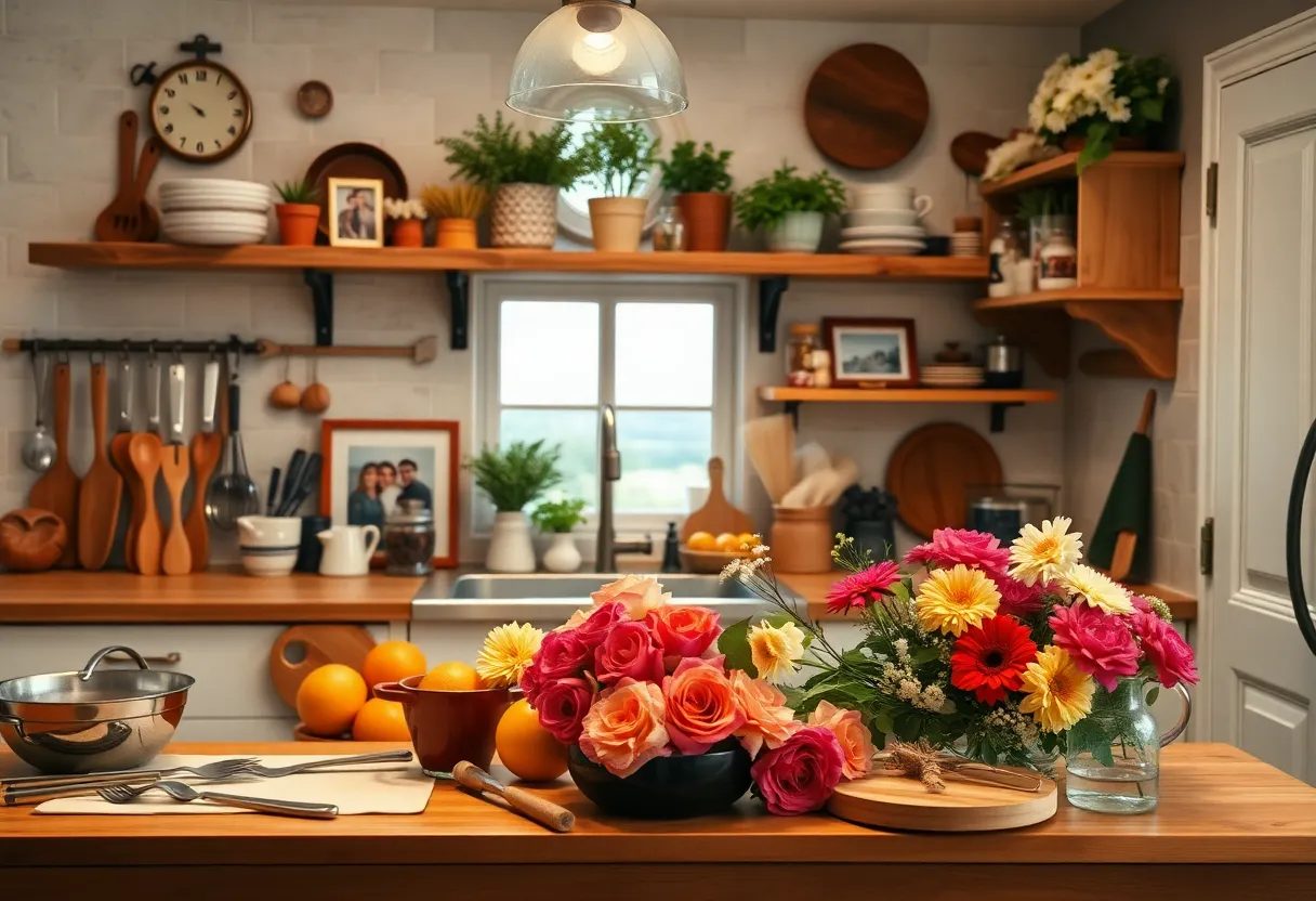 A kitchen filled with cooking tools and family photos, representing warmth and love.