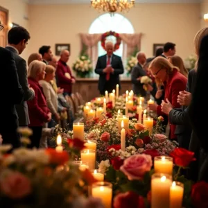 Community members gathering for a funeral service, surrounded by flowers.