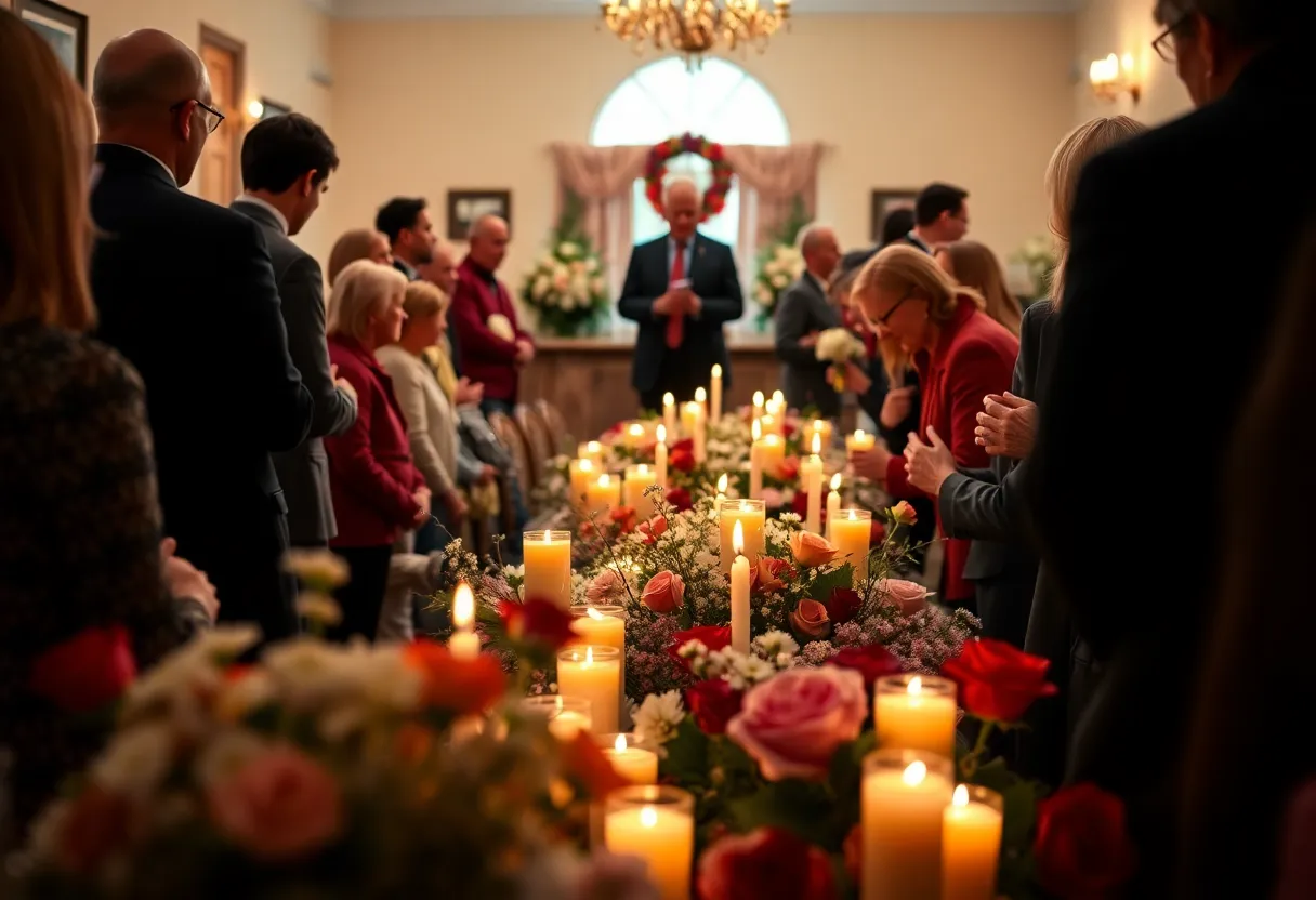 Community members gathering for a funeral service, surrounded by flowers.