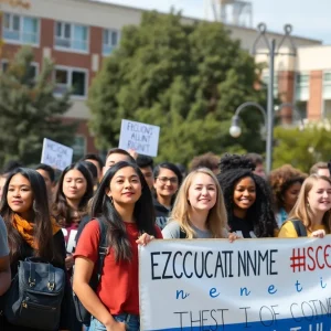 Diverse students advocating for the restoration of tuition rights at a community college.